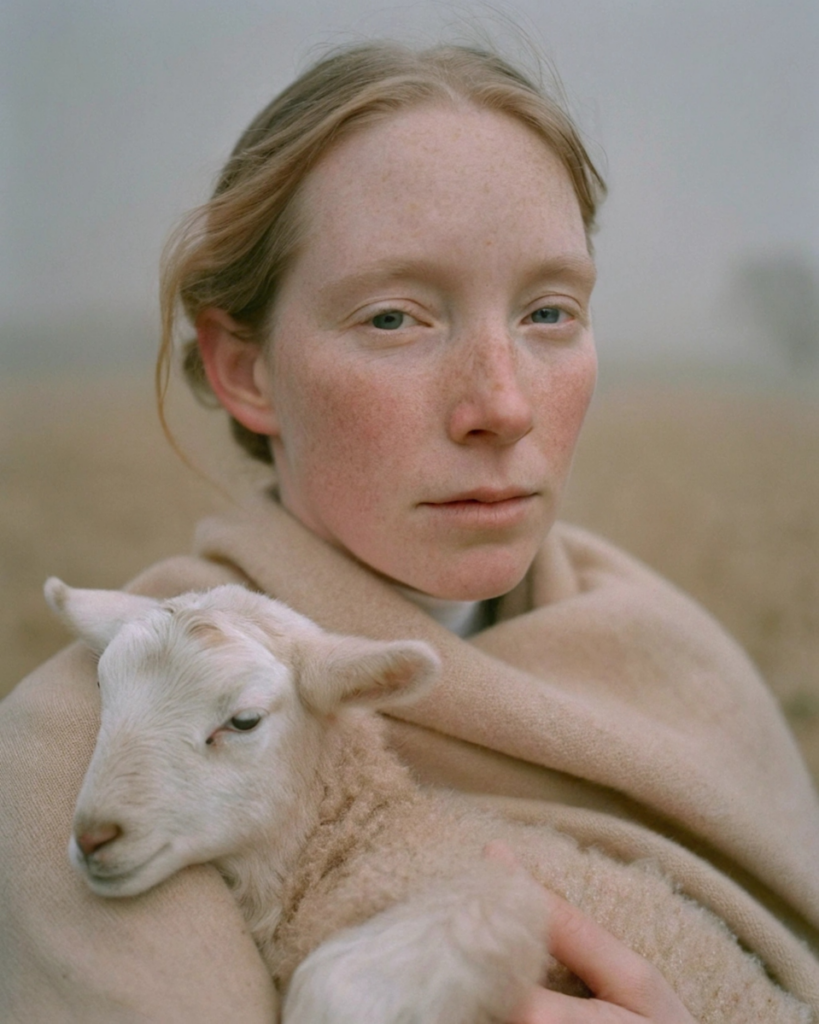 A woman wraps a sleeping lamb in her shawl in a misty field, an image of shelter in the sheepfold